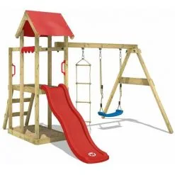 WICKEY Aire De Jeux Portique Bois TinyPlace Avec Balançoire Et Toboggan Rouge Maison Enfant Exterieur Avec Bac à Sable, échelle D'escalade & Accessoires De Jeux