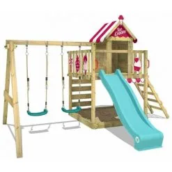 WICKEY Aire De Jeux Portique Bois Smart Candy Avec Balançoire Et Toboggan Turquoise Cabane Enfant Exterieur Avec Bac à Sable, échelle D'escalade & Accessoires De Jeux