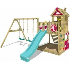 WICKEY Aire De Jeux Portique Bois Smart Sparkle Avec Balançoire Et Toboggan Turquoise Cabane Enfant Exterieur Avec Bac à Sable, échelle D'escalade & Accessoires De Jeux