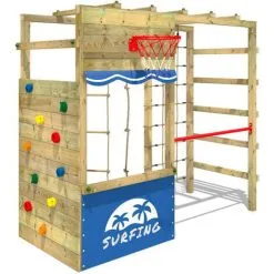 WICKEY Aire De Jeux Portique Bois Smart Action Échafaudage Grimpant Avec Mur D'escalade & Accessoires De Jeux
