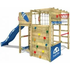 WICKEY Aire De Jeux Portique Bois Smart Victory Avec Toboggan Bleu Échafaudage Grimpant Avec Mur D'escalade & Accessoires De Jeux