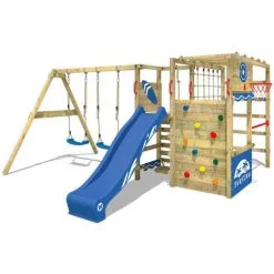 WICKEY Aire De Jeux Portique Bois Smart Zone Avec Balançoire Et Toboggan Bleu Échafaudage Grimpant Avec Mur D'escalade & Accessoires De Jeux