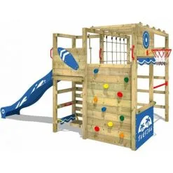 WICKEY Aire De Jeux Portique Bois Smart Tactic Avec Toboggan Bleu Échafaudage Grimpant Avec Mur D'escalade & Accessoires De Jeux